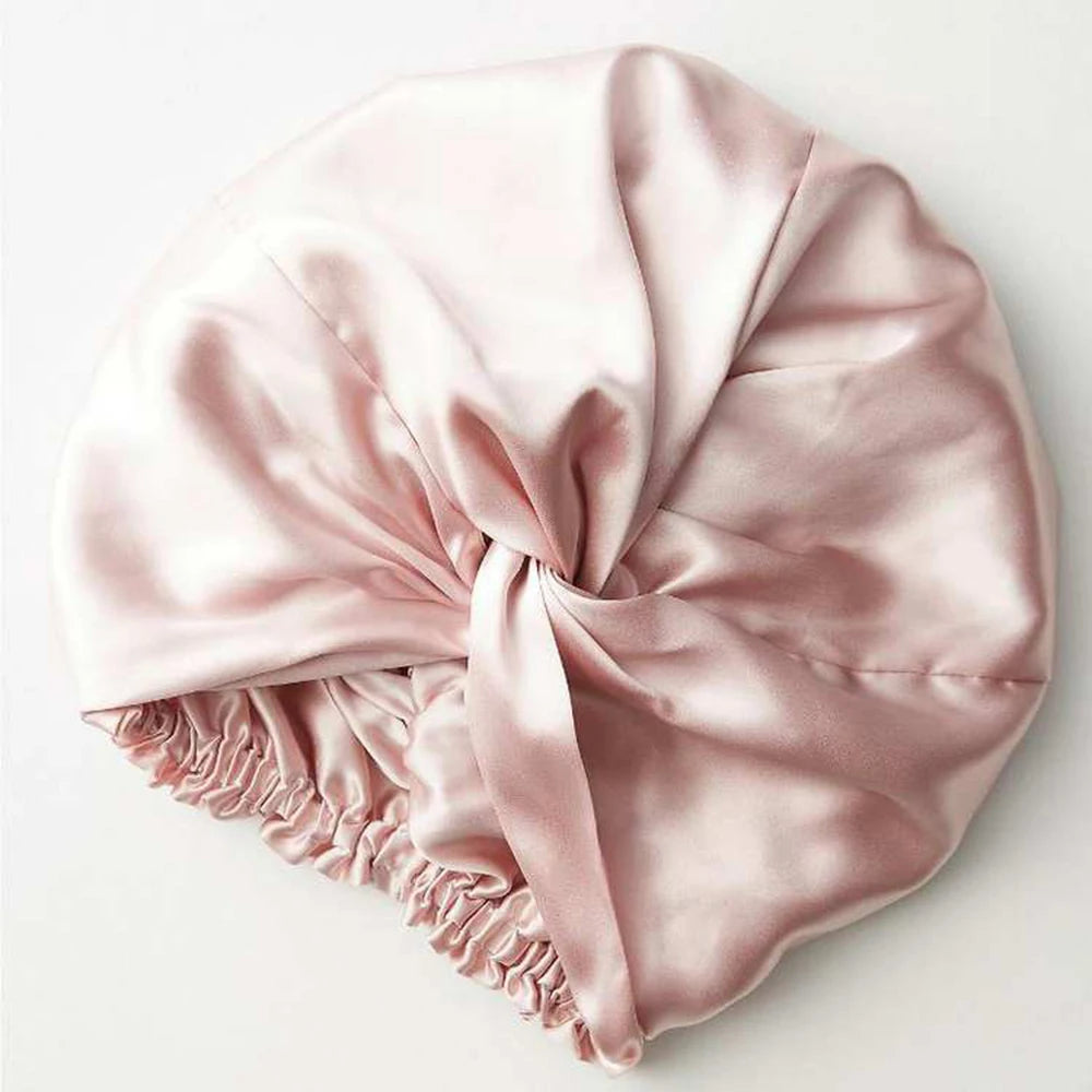100% Double Silk Sleeping Cap Night Silk Sleeping Bonnet Cover for Women with Elastic Ribbon for Hair Care Long Hair