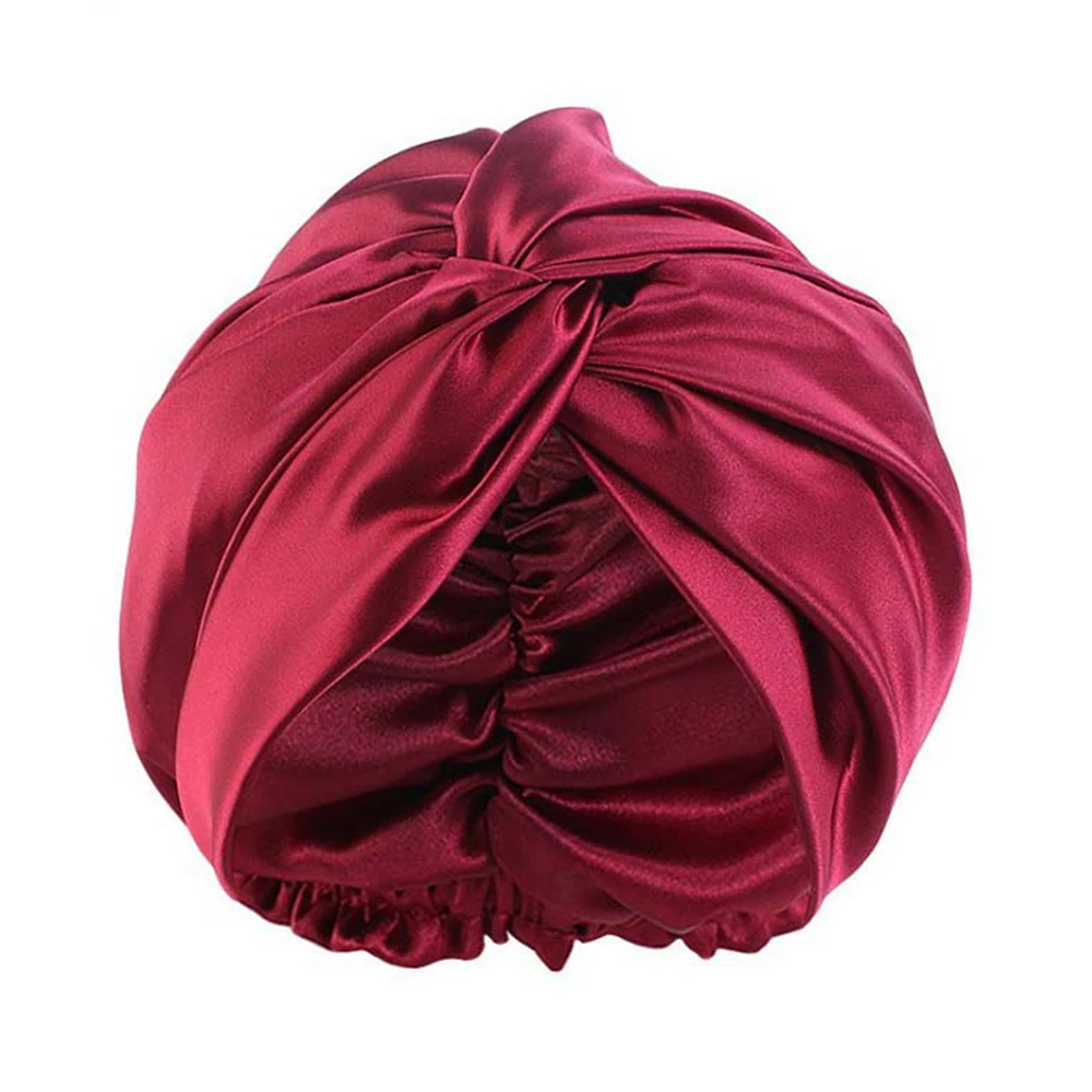 100% Double Silk Sleeping Cap Night Silk Sleeping Bonnet Cover for Women with Elastic Ribbon for Hair Care Long Hair