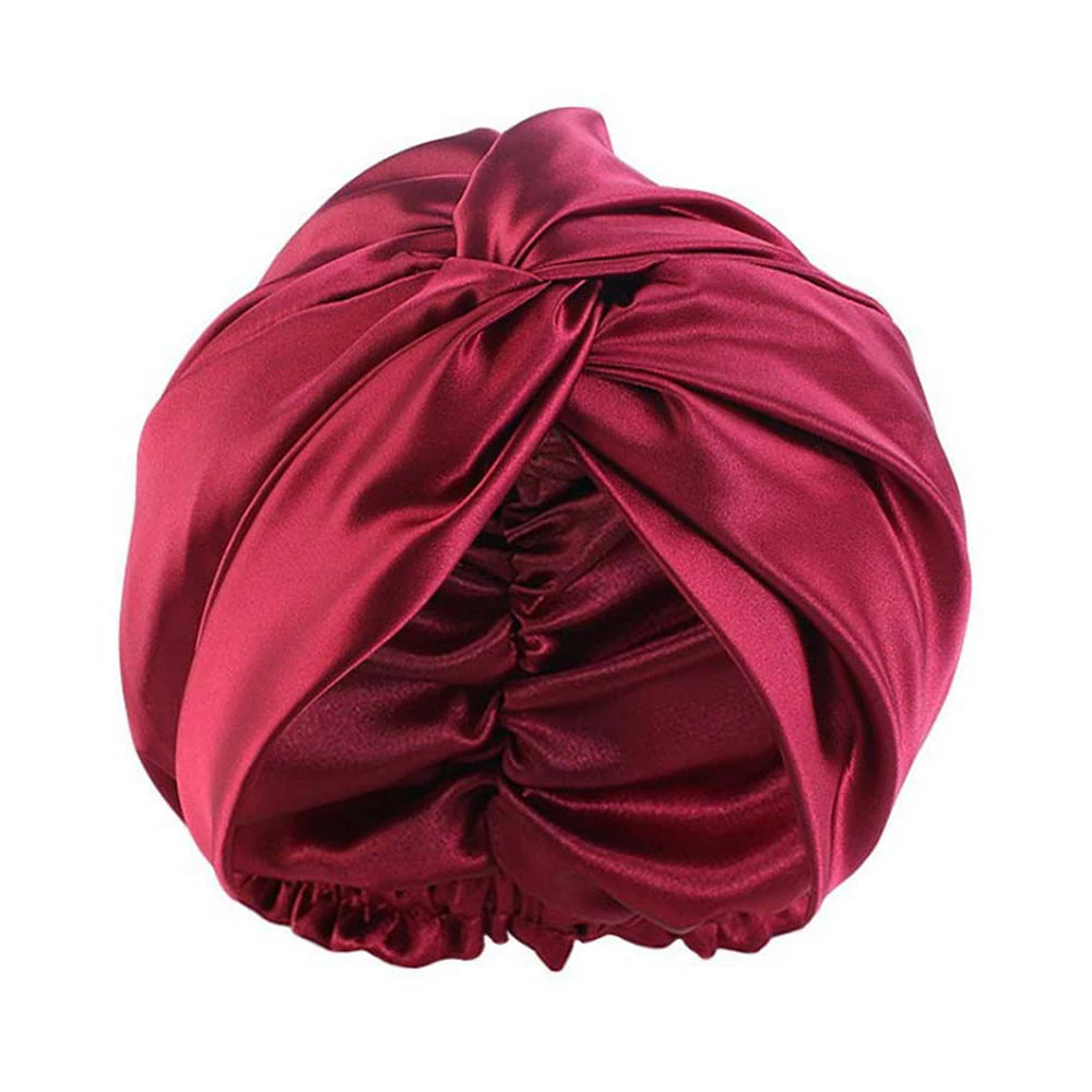 100% Double Silk Sleeping Cap Night Silk Sleeping Bonnet Cover for Women with Elastic Ribbon for Hair Care Long Hair